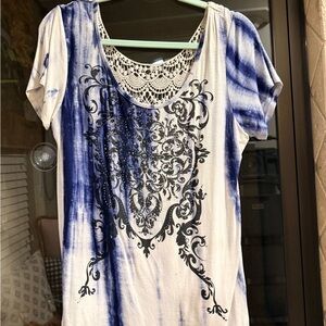 Buckle Blue and White Tie-Dye Short Sleeve Top with Crochet Back